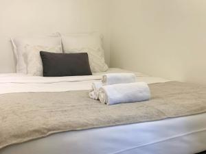 ein Schlafzimmer mit einem Bett mit Handtüchern darauf in der Unterkunft Belvedere vieille ville in Annecy