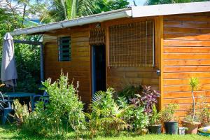 ein kleines Holzhaus mit Pflanzen davor in der Unterkunft Les bungalows meublés du Pharest in Sainte-Suzanne