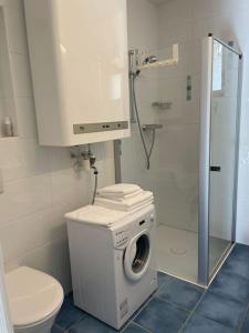 a bathroom with a washing machine and a toilet at Das Fenster zum See-Weissensee in Weissensee