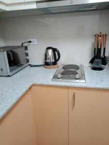 a kitchen counter with a stove and a microwave at Uptown Parksuites II in Manila