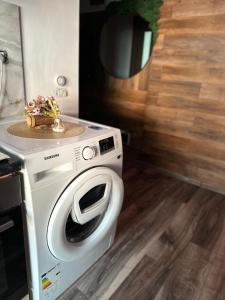 a washing machine with a basket on top of it at Apartamente A&A in Tîrgu Ocna