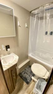 a bathroom with a toilet and a sink and a shower at Glamping on the Bay with fishing dock in Bolivar Peninsula