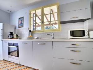 サン・ピエール・ドレロンにあるHoliday Home Mathaの白いキッチン(シンク、電子レンジ付)
