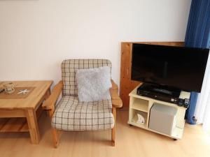 uma sala de estar com uma cadeira e uma televisão de ecrã plano em Apartment Rosengrund by Interhome em Büsum