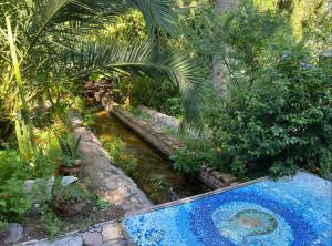 a swimming pool in a garden with a stream at La casa de Tania in San Marcos Sierras +10 photos