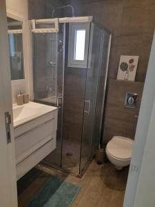 a bathroom with a shower and a toilet at Hakerem apartment in Tel Aviv
