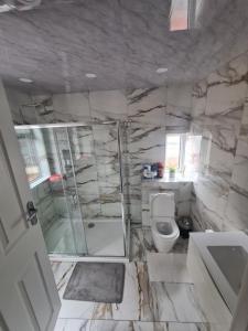 a marble bathroom with a shower and a toilet at Lovely 2-bedroom house close to Media City. in Manchester