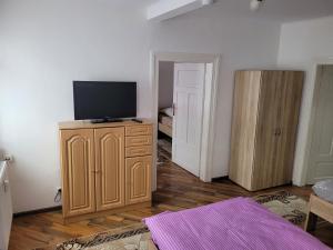 a living room with a television on a wooden cabinet at 3 Zimmer Wohnung für 6 Personen in Gößnitz