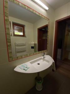 ein Badezimmer mit einem weißen Waschbecken und einem Spiegel in der Unterkunft Pokoje do wynajęcia in Jelenia Góra