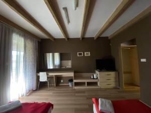 Habitación con cama, escritorio y TV. en Pokoje do wynajęcia, en Jelenia Góra