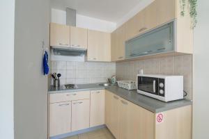 a small kitchen with a microwave and a sink at Modern Apartment Selce in Selce