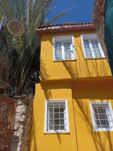 a yellow house with three windows and a palm tree at TAG Pansiyon in Antalya