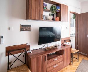 - un salon avec une télévision à écran plat dans un centre de divertissement en bois dans l'établissement Free public parking BumbleBee Apartment 4ppl AC FastNet TV, à Budapest