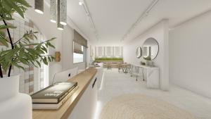 a living room with white walls and a large mirror at Hotel Fani in Leptokarya