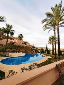 a view of a swimming pool with palm trees at Silvia del Mar in Mijas