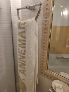 a towel hanging on a towel rack in a bathroom at Studio Apollonia in Alexandroupoli