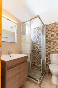 ein Bad mit einer Dusche, einem Waschbecken und einem WC in der Unterkunft Ο Μόλος in Marmarion