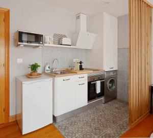 eine weiße Küche mit einer Spüle und einem Geschirrspüler in der Unterkunft La Plazuela Urban Estudio in Gijón