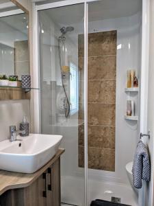 een badkamer met een wastafel en een douche bij Tattershall Lakes - Merlin Point in Tattershall