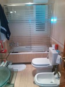 a bathroom with a toilet and a bath tub at Buenos Aires apartamento in Guadix
