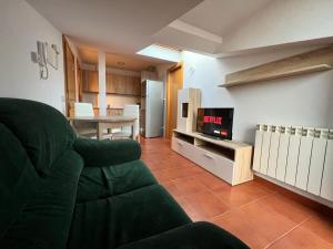 a living room with a green couch and a television at El Cielo De Mogarraz in Mogarraz