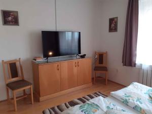 a bedroom with a tv on a cabinet with two chairs at Apartment in Heviz/Balaton 36758 in Hévíz