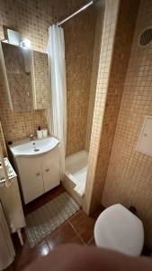 a bathroom with a sink and a shower and a toilet at Hermina Apartmanok in Budapest