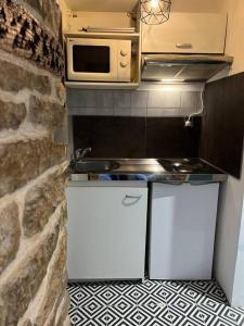 a small kitchen with a stove and a microwave at La balnéo du Couvent in Dijon