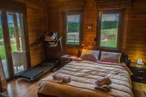 a bedroom with a bed in a room with windows at Villa Tuman Loutra Pozar Aridaias in Aridaia +99 photos