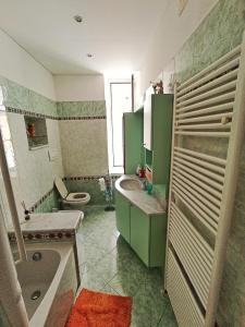 uma casa de banho verde com um lavatório e um WC em La casa sul mare-Savona em Savona