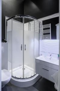 ウッチにあるRent-Apart City Center Lodzのバスルーム(シャワー、洗面台、トイレ付)