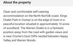 a screenshot of a text message about the property at The Warren Chalet in Cromer +16 photos