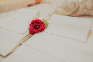 ローマにあるThe Best Nestの白い封筒の上に座る赤いバラ