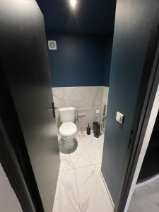 a bathroom with a toilet and a blue wall at Babiloc Moderne à Riez in Riez