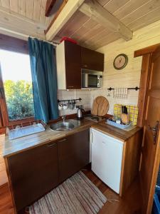 a small kitchen with a sink and a counter at Osada Turystyczna Miłoszówka in Wąwolnica