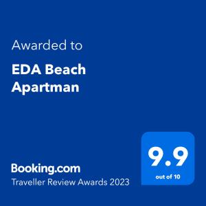 Сертифікат, нагорода, вивіска або інший документ, виставлений в EDA Beach Apartman
