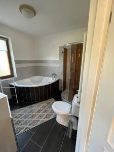 a bathroom with a tub and a toilet and a sink at Osada Turystyczna Miłoszówka in Wąwolnica