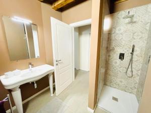 a bathroom with a sink and a shower at Appartamento London in Casa Bortolo 1837 in Zermeghedo