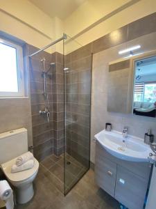 ein Bad mit einer Dusche, einem WC und einem Waschbecken in der Unterkunft Keskos Luxury Villa in Artemida