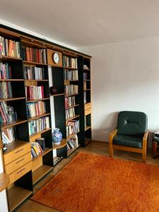 una sala de estar con estanterías llenas de libros en Apartmán Lidická, en Karlovy Vary