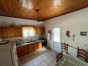 a kitchen with wooden cabinets and a ceiling at Villa Lazaros 