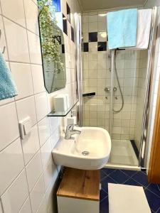 a bathroom with a sink and a shower at Privatzimmer Haider in Illmitz