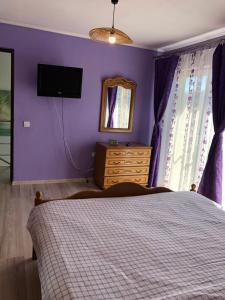 1 dormitorio con paredes de color púrpura, 1 cama y TV en Casa Sofia en Călimăneşti