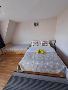 um quarto com uma cama grande e um sofá em Majkowiczówka em Czorsztyn