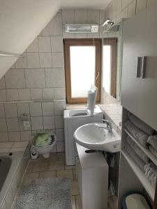 a bathroom with a sink and a toilet and a window at Sigis Fewo - Monteurwohnung in Erbendorf