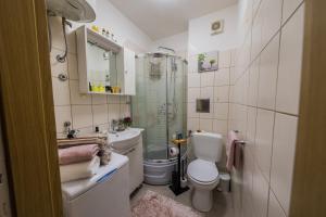 y baño con ducha, aseo y lavamanos. en Paeninsula Studio Apartment, en Vranjic