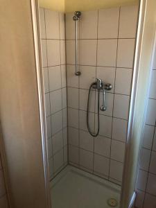 La salle de bains est pourvue d'une douche avec une porte en verre. dans l'établissement 3 room Apartment, Kvačany pri LM, à Kvačany