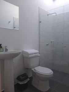 y baño con aseo, lavabo y ducha. en Hotel Distracción Guajira, en Fonseca