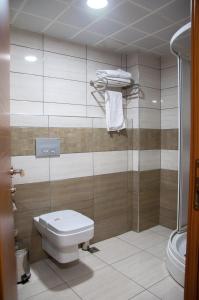 a bathroom with a toilet and a glass shower at Quars Garden Hotel in Koçyazı