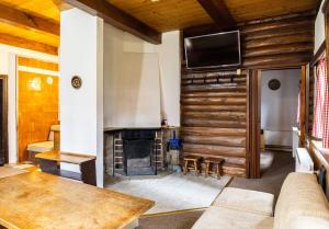 a living room with a fireplace and a tv on the wall at Chalupa Na Paloučku in Orlické Záhoří 